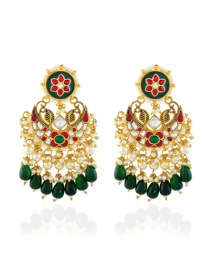 Polki Pearl and Green Drop Chandbali Earrings