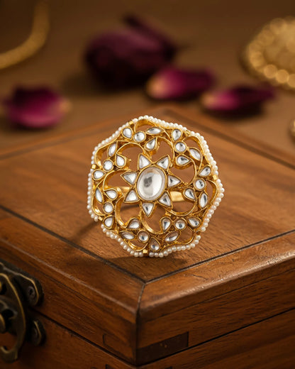 Adjustable Gold Kundan Pearl Ring, Indian Bridal Jewelry