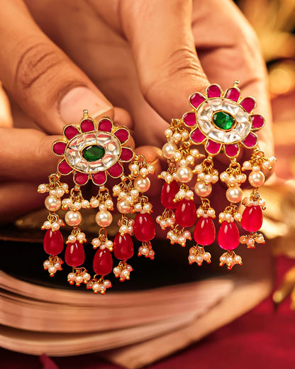 Bridal Red Kundan Choker Jewelry Set, Gold Plated Indian Earrings