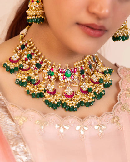 Gold Plated Kundan Choker Necklace Set with Tikka, Pink Green Beads Bridal Jewelry