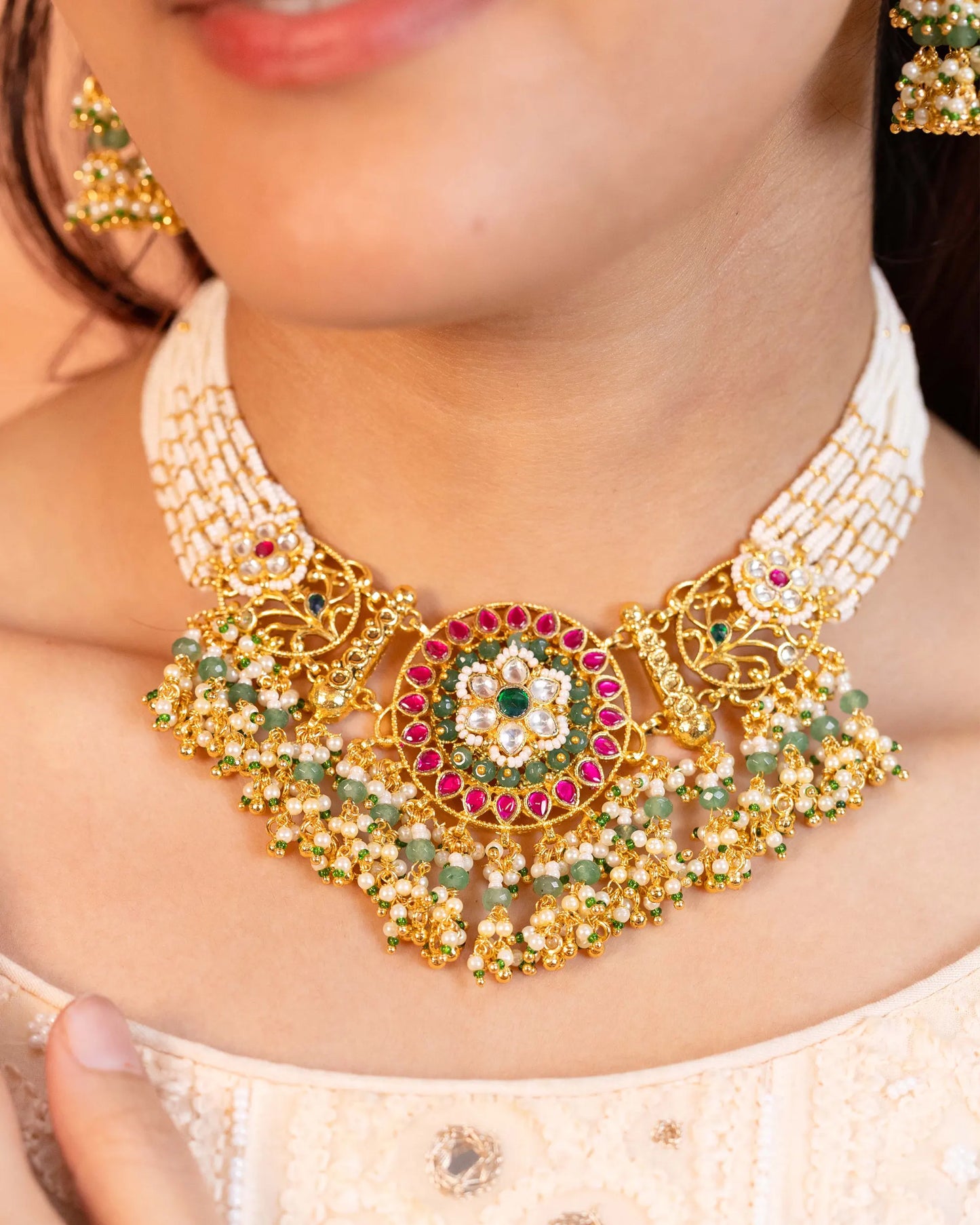 Handcrafted Kundan Choker Set – 18K Gold Plated Bridal Necklace with Pearl Earrings