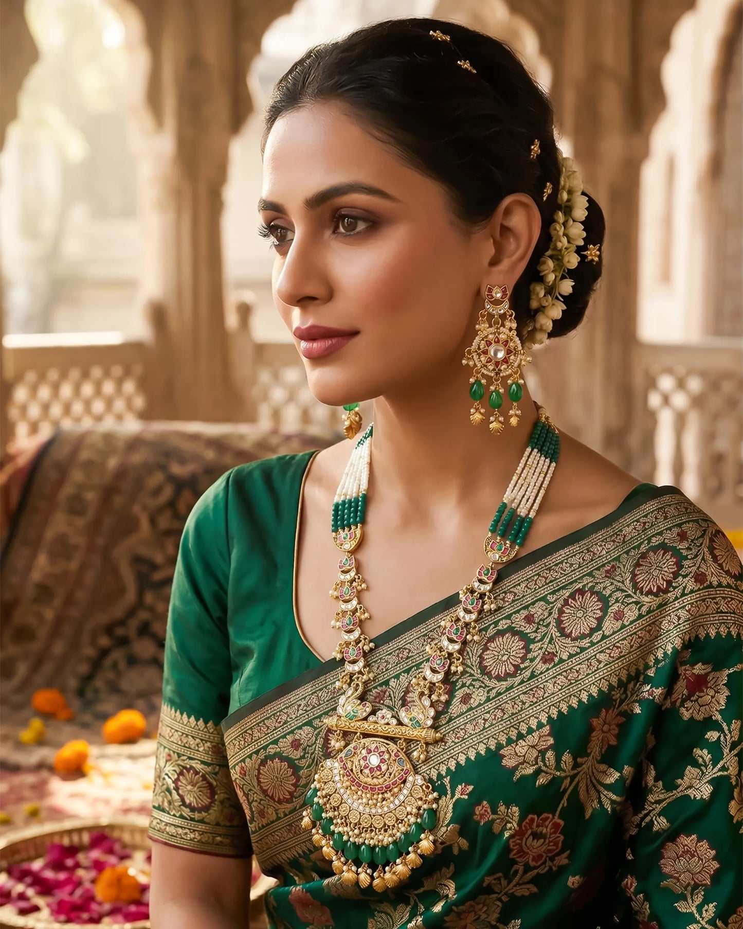 Kundan Necklace Set, Green Beads, Gold Choker, Bridal Wedding Jewelry