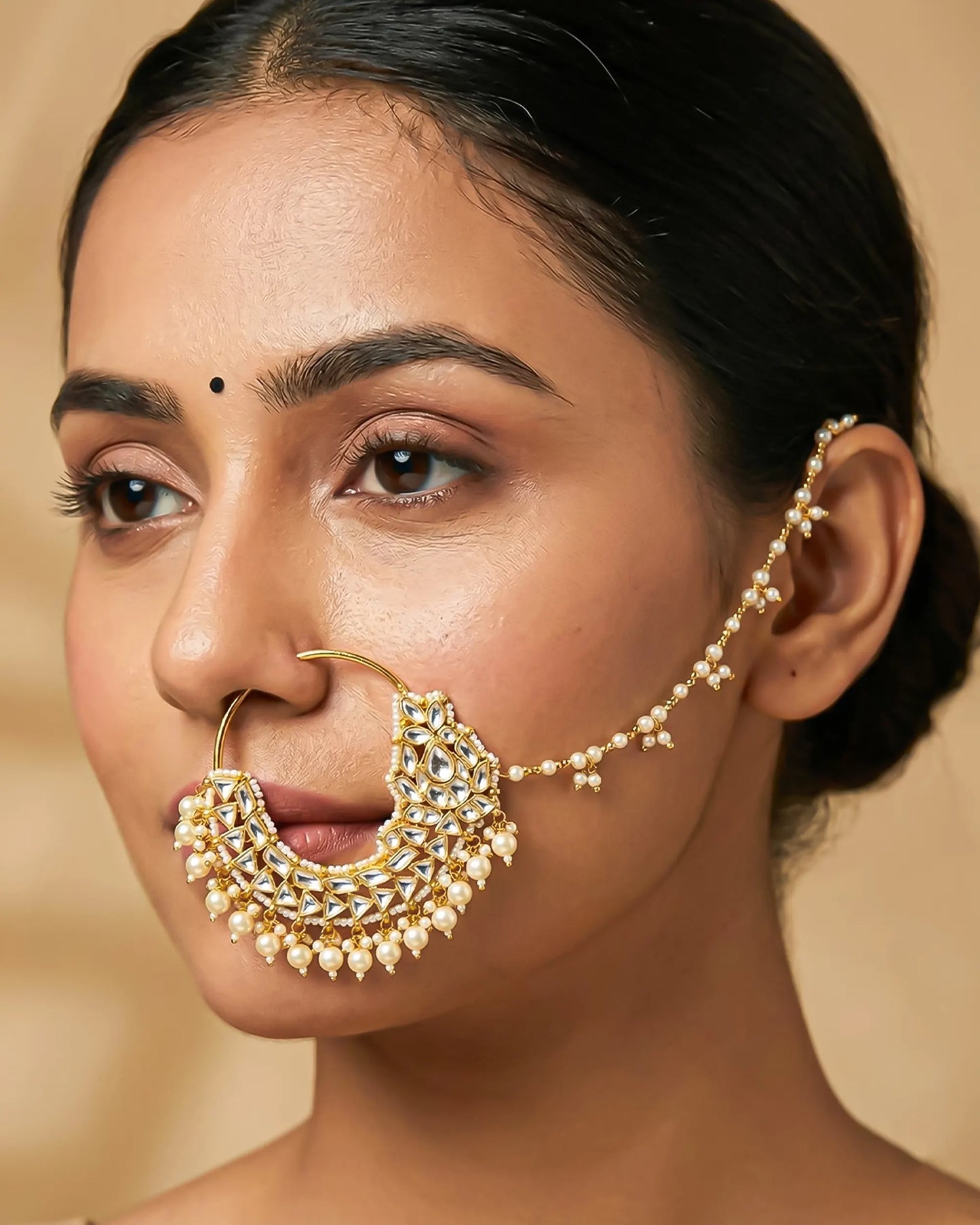 Traditional Kundan Pearl Bridal Nath – Gold Plated Wedding Nose Ring Jewelry