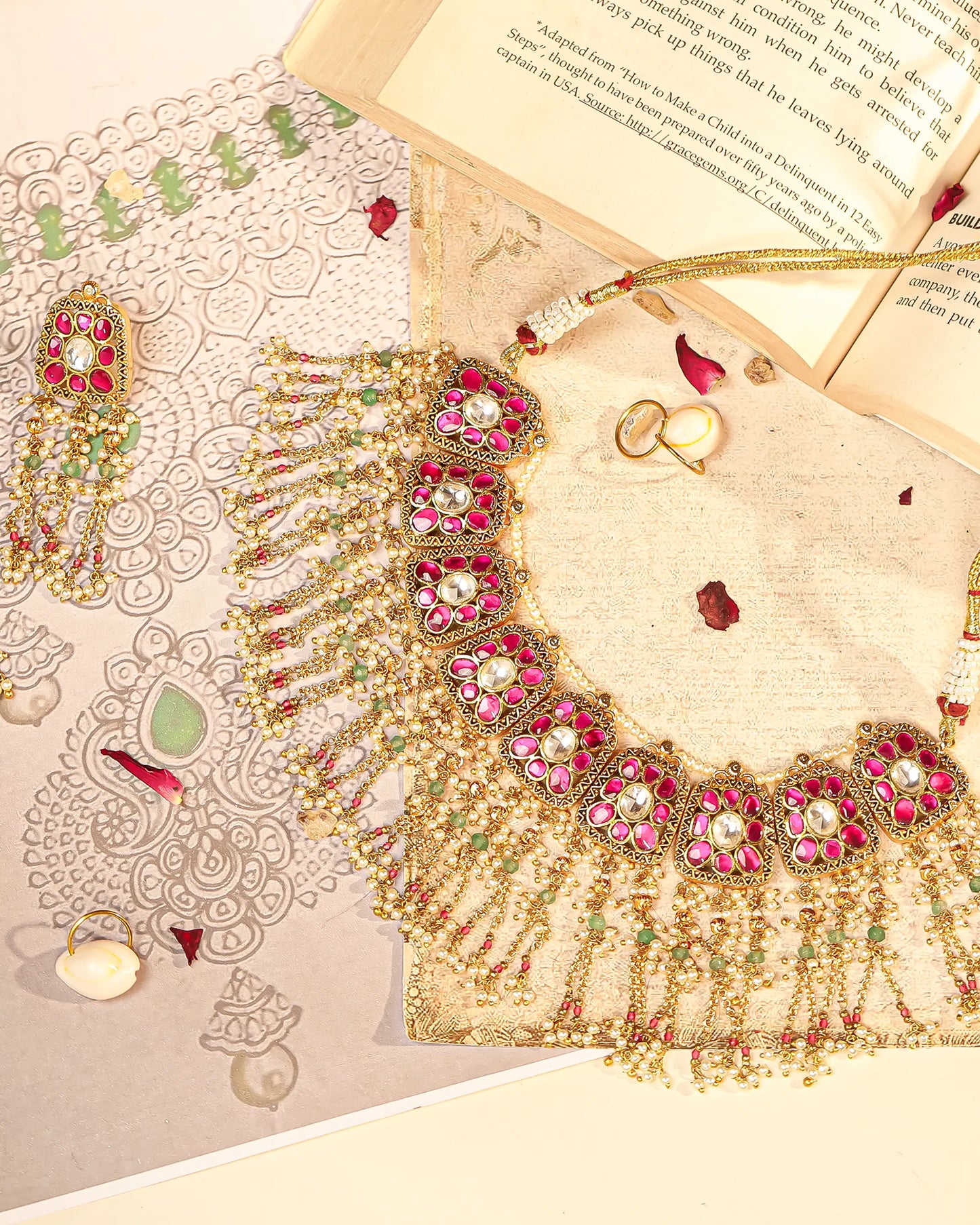 Gold Plated Pink Kundan & Pearl Choker Set Necklace Traditional Indian Jewelry