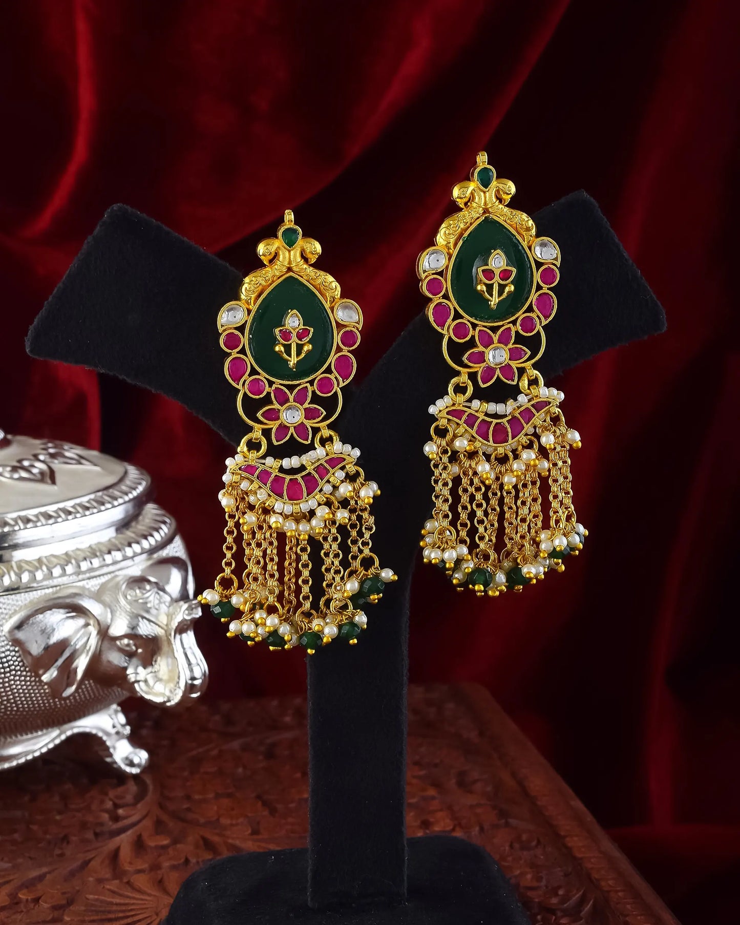 Floral Kundan Choker Set with Green and Pink Stones & Pearl Drops Jewelry