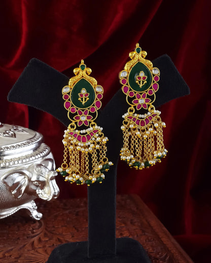 Floral Kundan Choker Set with Green and Pink Stones & Pearl Drops Jewelry