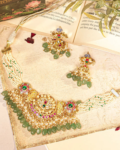 Kundan Stone Choker Necklace Set with Pearl Beads, Indian Handmade Bridal Jewelry