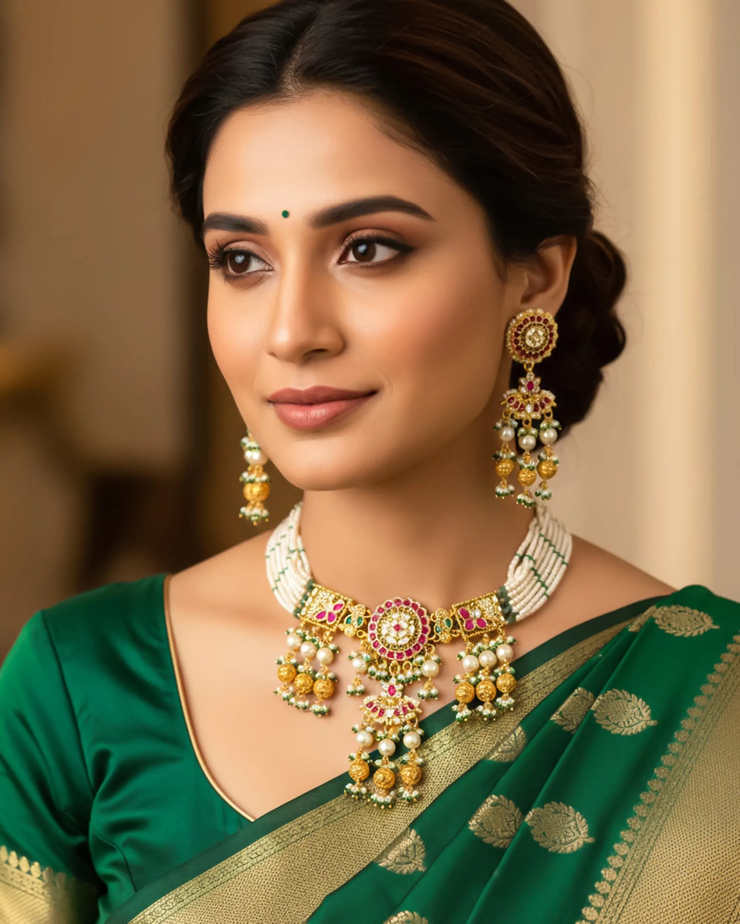 Handcrafted Pearl Choker Necklace Set, Gold Kundan Peacock Jewelry, Bridal Statement Earrings