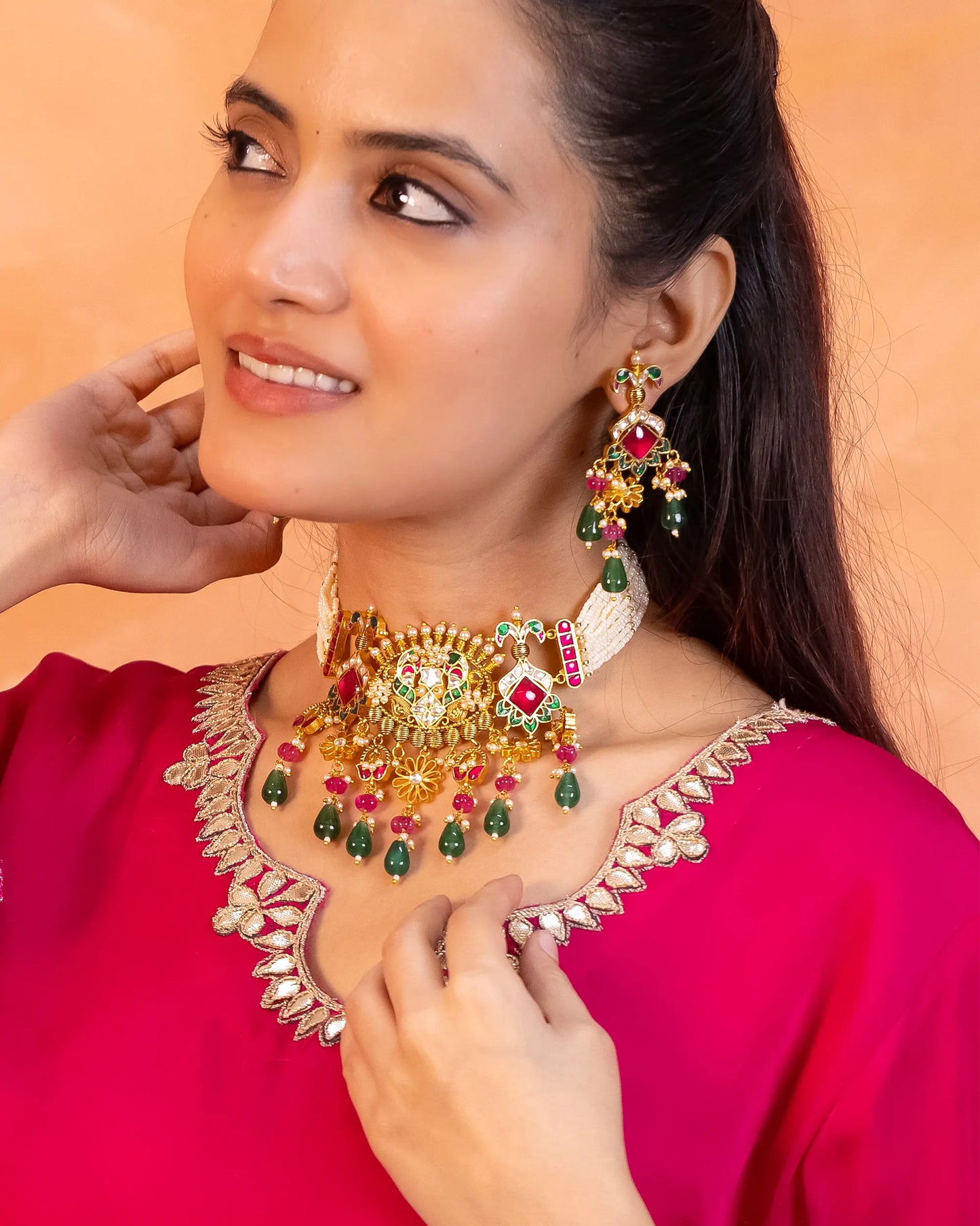 Handicraft Kundan Pearl Choker Set Jewelry, Green & Pink Bead Necklace Earrings