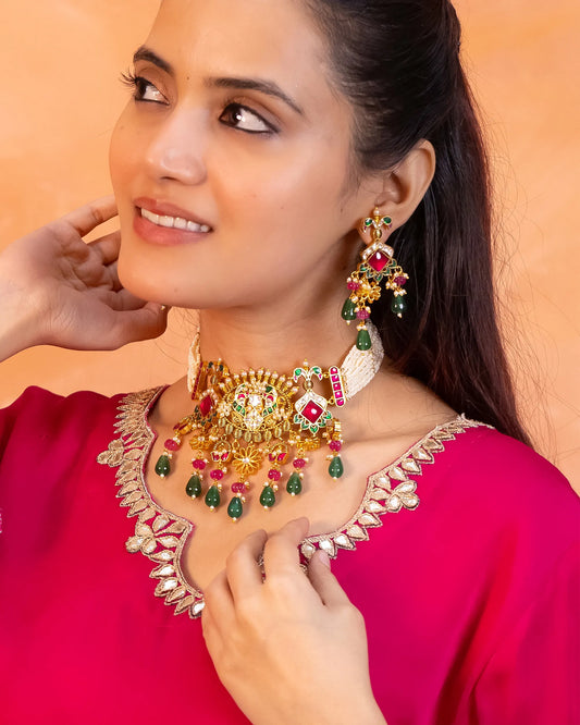 Handicraft Kundan Pearl Choker Set Jewelry, Green & Pink Bead Necklace Earrings