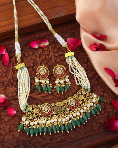 Kundan Pearl Choker Necklace Set with Green Beads – Traditional Indian Bridal Wedding Jewelry