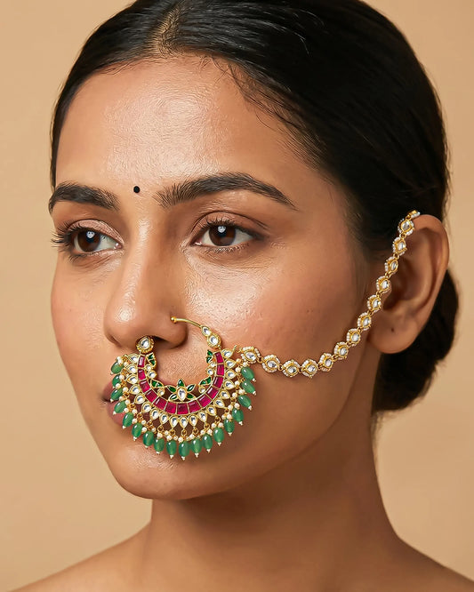 Meenakari Kundan Bridal Nath with Green Beads, Red Stone, 18k Gold Plated