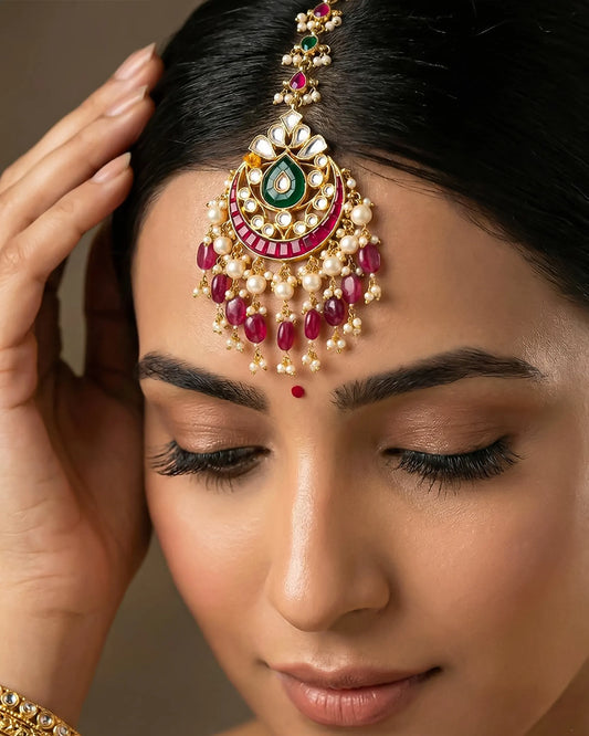 Royal Kundan Maang Tikka, Gold-Plated Pearl Forehead Jewelry, Ruby Emerald Wedding Headpiece