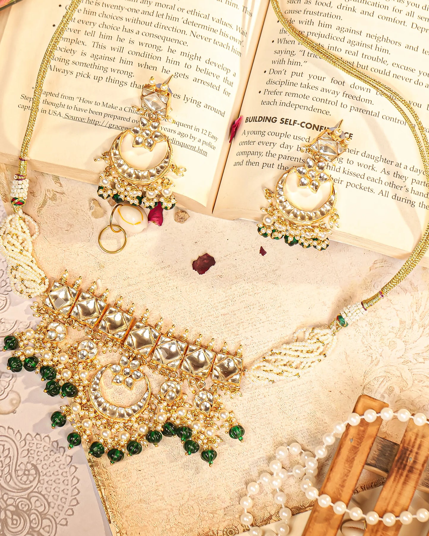 Handcrafted Kundan Choker Set, Pearl Necklace, Green Bead Earrings Jewelry