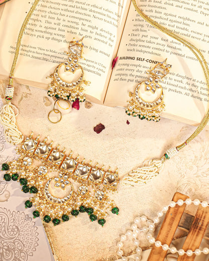 Handcrafted Kundan Choker Set, Pearl Necklace, Green Bead Earrings Jewelry