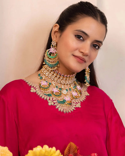 Gold Plated Kundan Choker Set with Multicolor Stones, Meenakari Bridal Necklace, Traditional Indian Jewelry