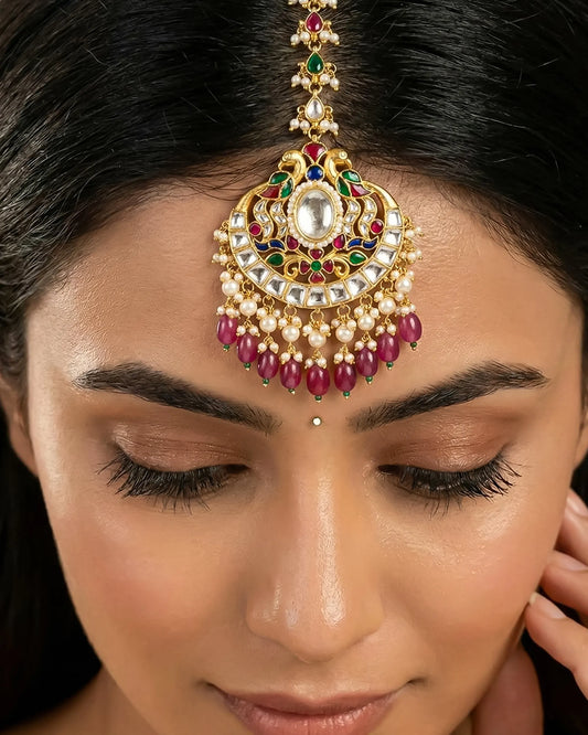 Peacock Kundan Maang Tikka, Gold Plated Bridal Matha Patti, Pearl Indian Headpiece