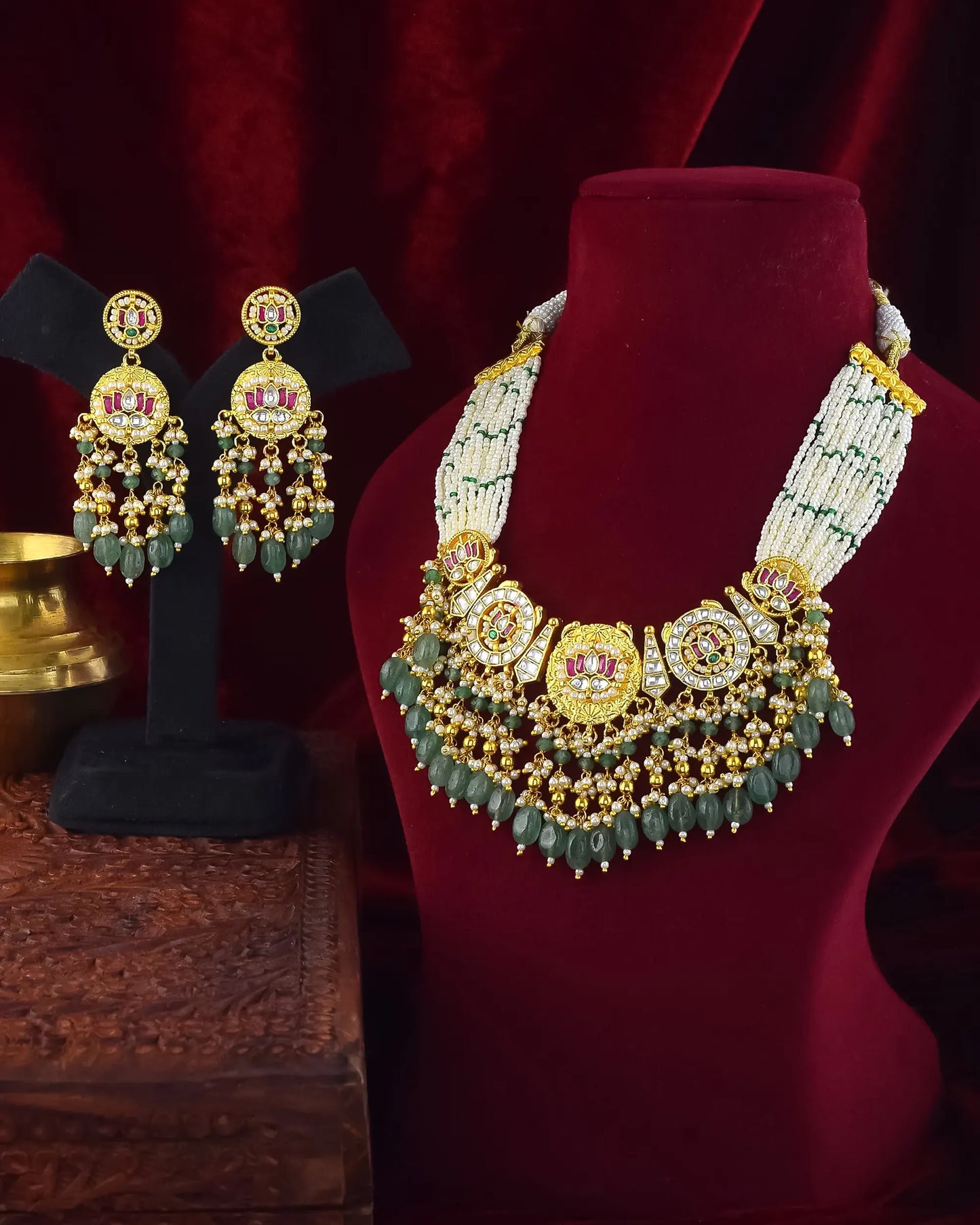 Kundan Choker Necklace Set, Green Bead & Pearl Indian Wedding Jewelry
