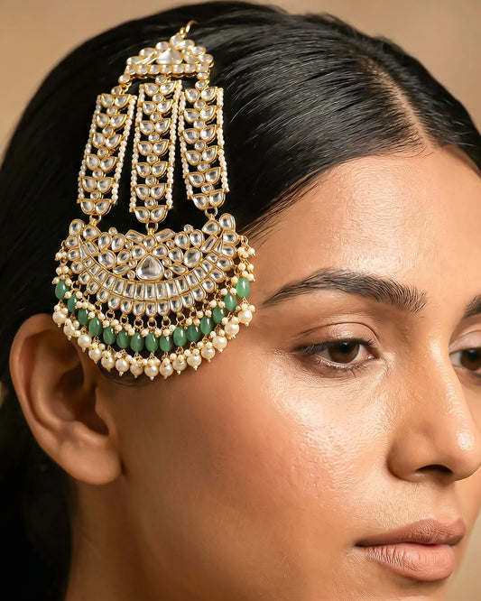 Handmade White Polki Bridal Pasa Jhoomar Jewelry, Green Bead Side Head Jewelry