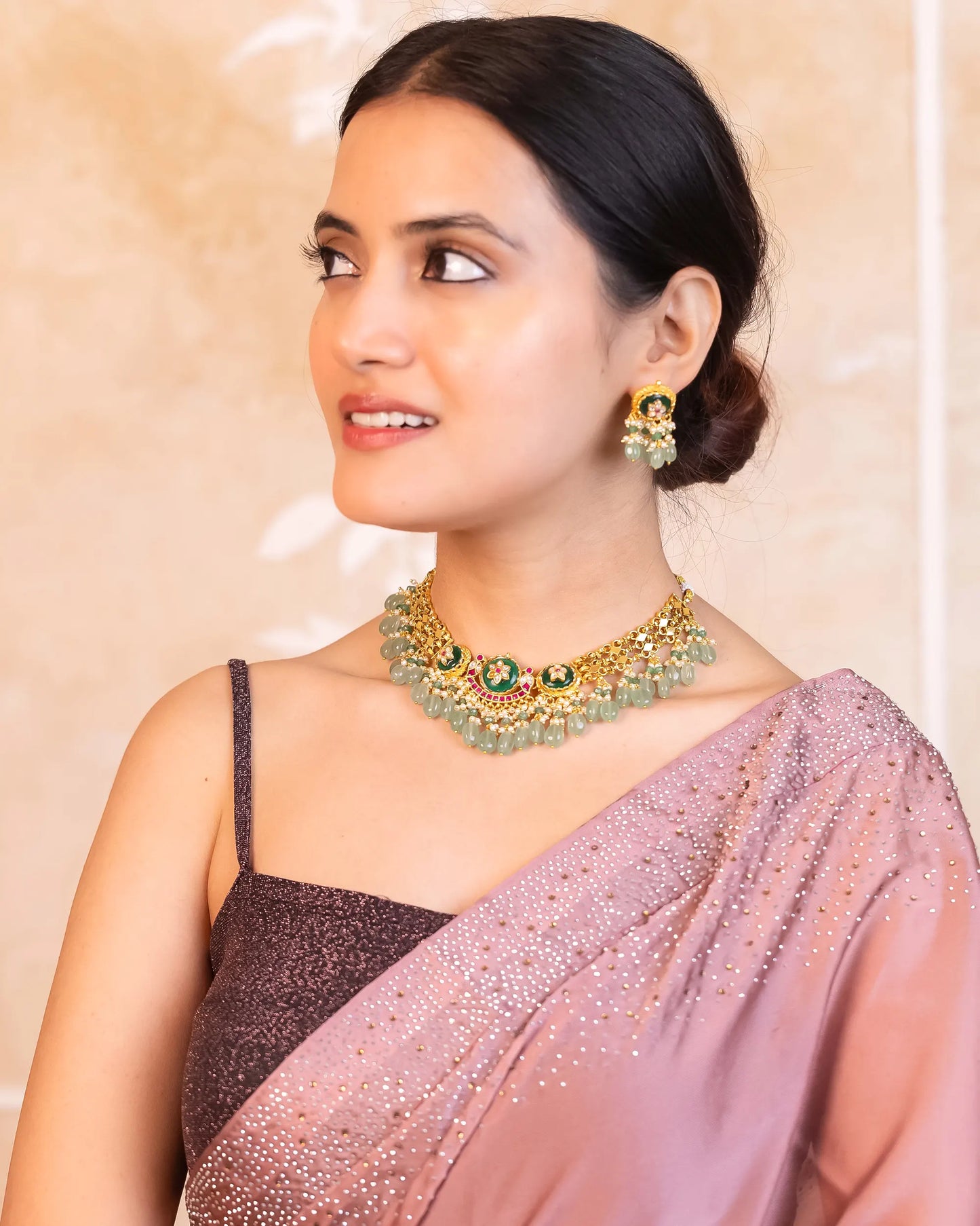 Kundan Choker Bridal Necklace, Green Beads Pearl Earrings, Indian Jewelry Set