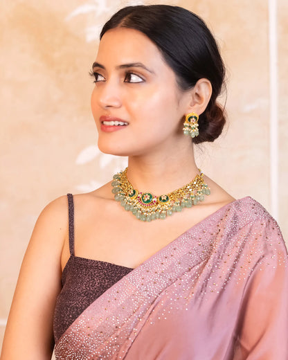 Kundan Choker Bridal Necklace, Green Beads Pearl Earrings, Indian Jewelry Set