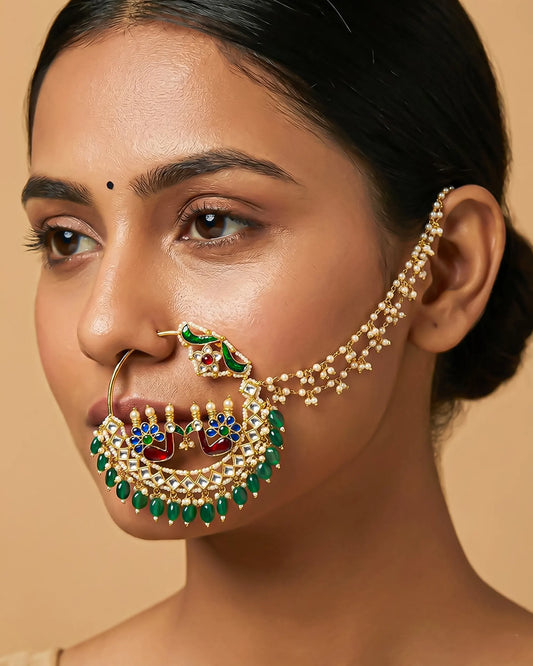 Peacock Kundan Bridal Nath, Gold Plated Wedding Nose Ring, Green Beads, Chain