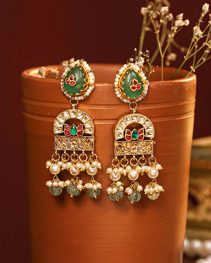 Green Pearl Kundan Choker Set, Indian Bridal Necklace with Beads Earrings