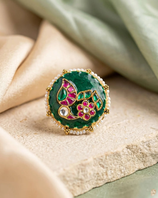 Green Meenakari Kundan Ring with Pearl Border, Antique Gold Adjustable Statement Ring Jewelry