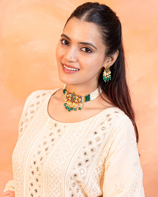 18K Gold Plated Kundan Choker Set, Green Bead Bridal Necklace, Handmade Indian Wedding Jewelry