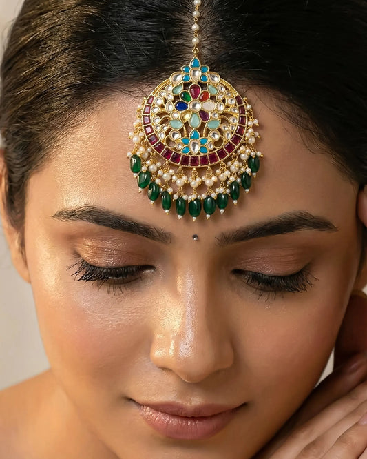 Indian Maang Tikka Headpiece, Kundan Pearl Floral Jewelry, Bridal Wedding Festive Wear