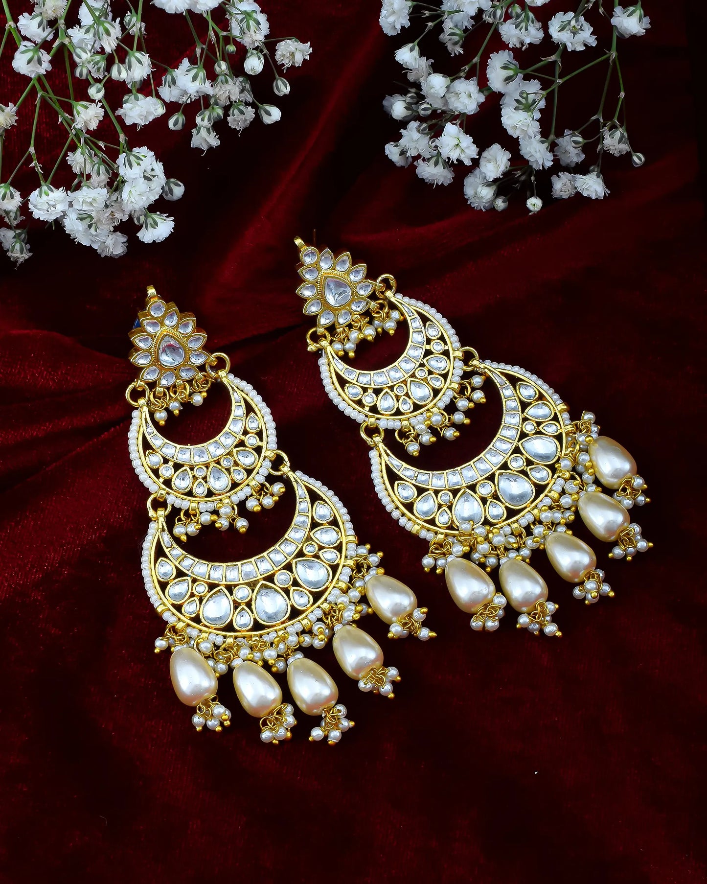 Jadau Chandbali Earrings, Polki Pearl Drop Gold Plated Jewelry