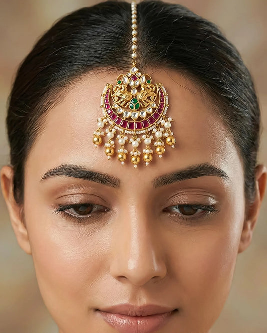 Handmade Kundan Maang Tikka, Pearl & Gold Indian Bridal Jewelry
