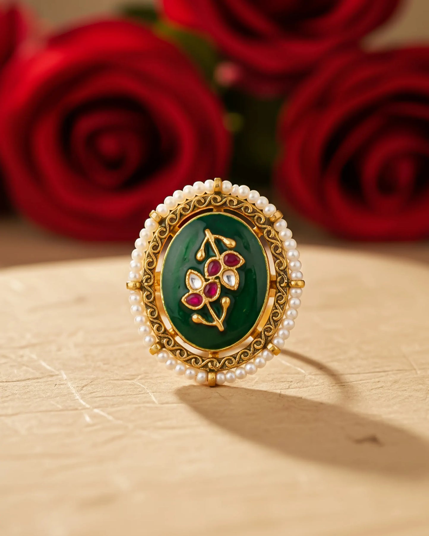 Oval Kundan Statement Ring, Green Floral Pearl Border, Traditional Cocktail Jewelry