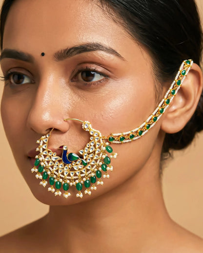 Peacock Bridal Nath, Kundan Gold Plated Indian Wedding Nose Ring, Green Beads Nath Jewelry