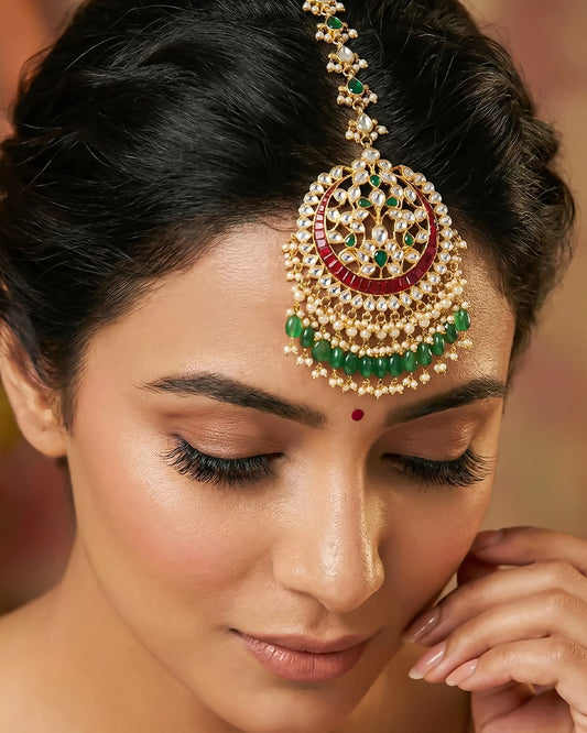 Kundan Maang Tikka, Pearl Jadau Bridal Jewelry with Green Beads