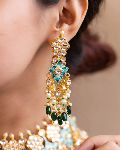 Aqua Blue Kundan Choker Necklace Set, Pearl Beads and Earrings Jewelry