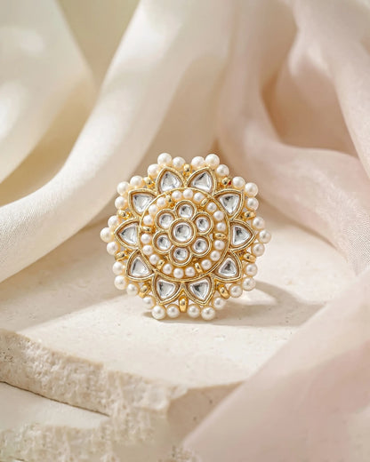 White Kundan Pearl Floral Ring, Antique Gold Adjustable Bridal Ring Jewelry