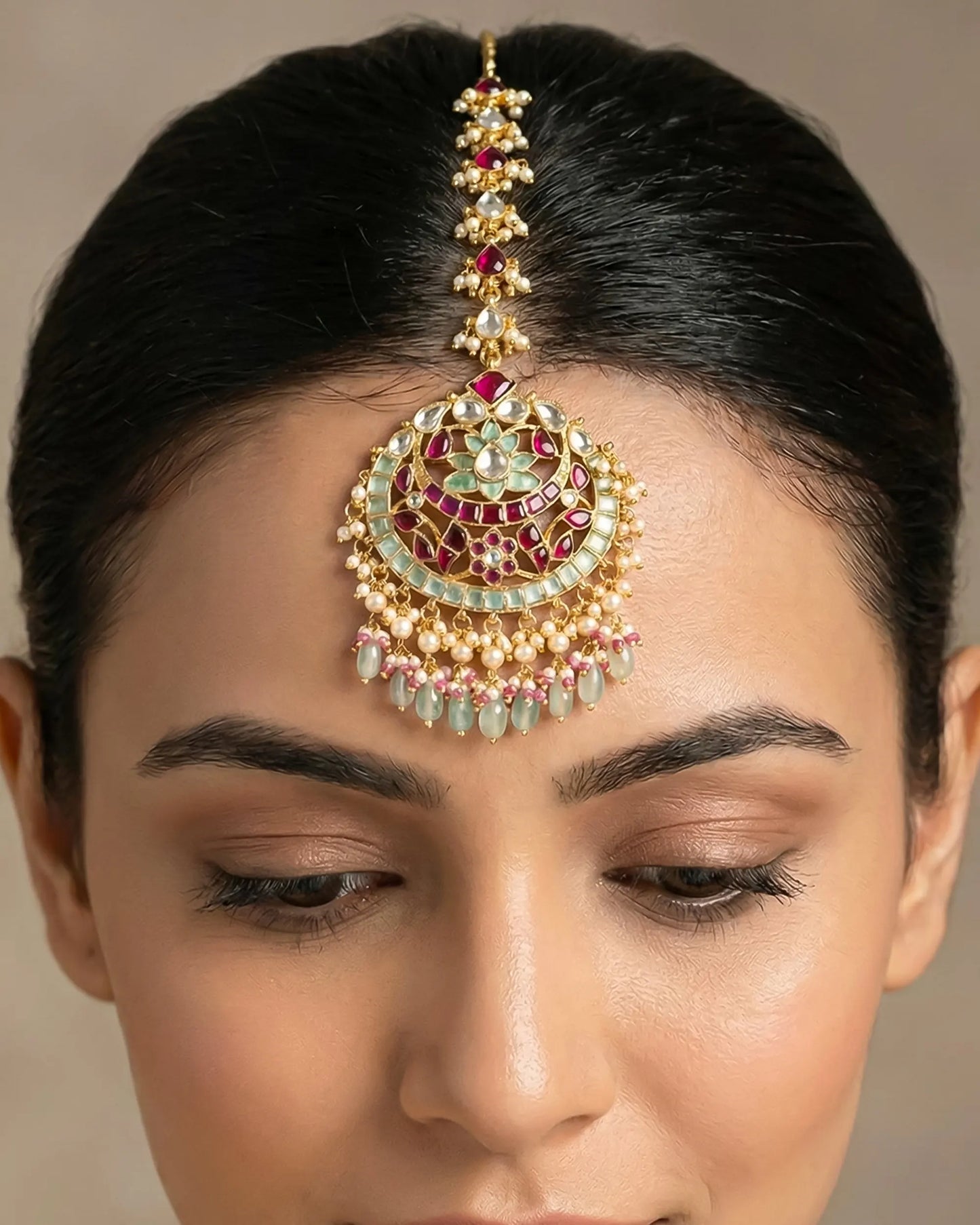 Bridal Kundan Maang Tikka, Green Pearl Beads Forehead Traditional Indian Wedding Jewelry