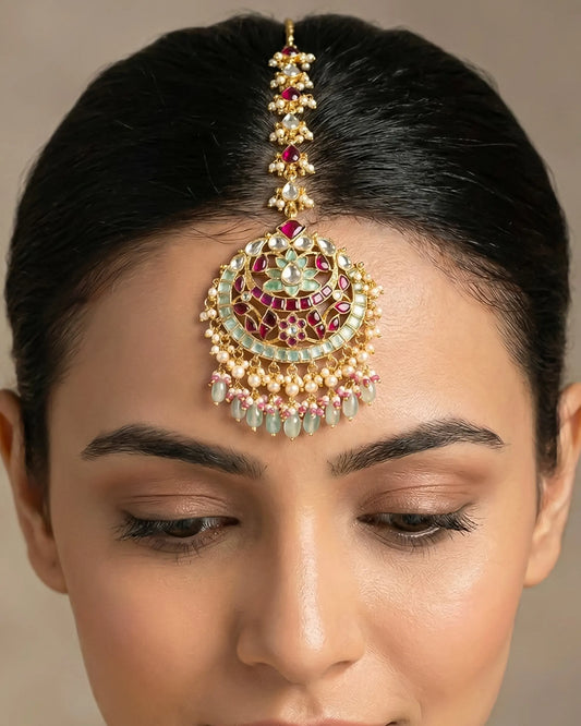 Bridal Kundan Maang Tikka, Green Pearl Beads Forehead Traditional Indian Wedding Jewelry