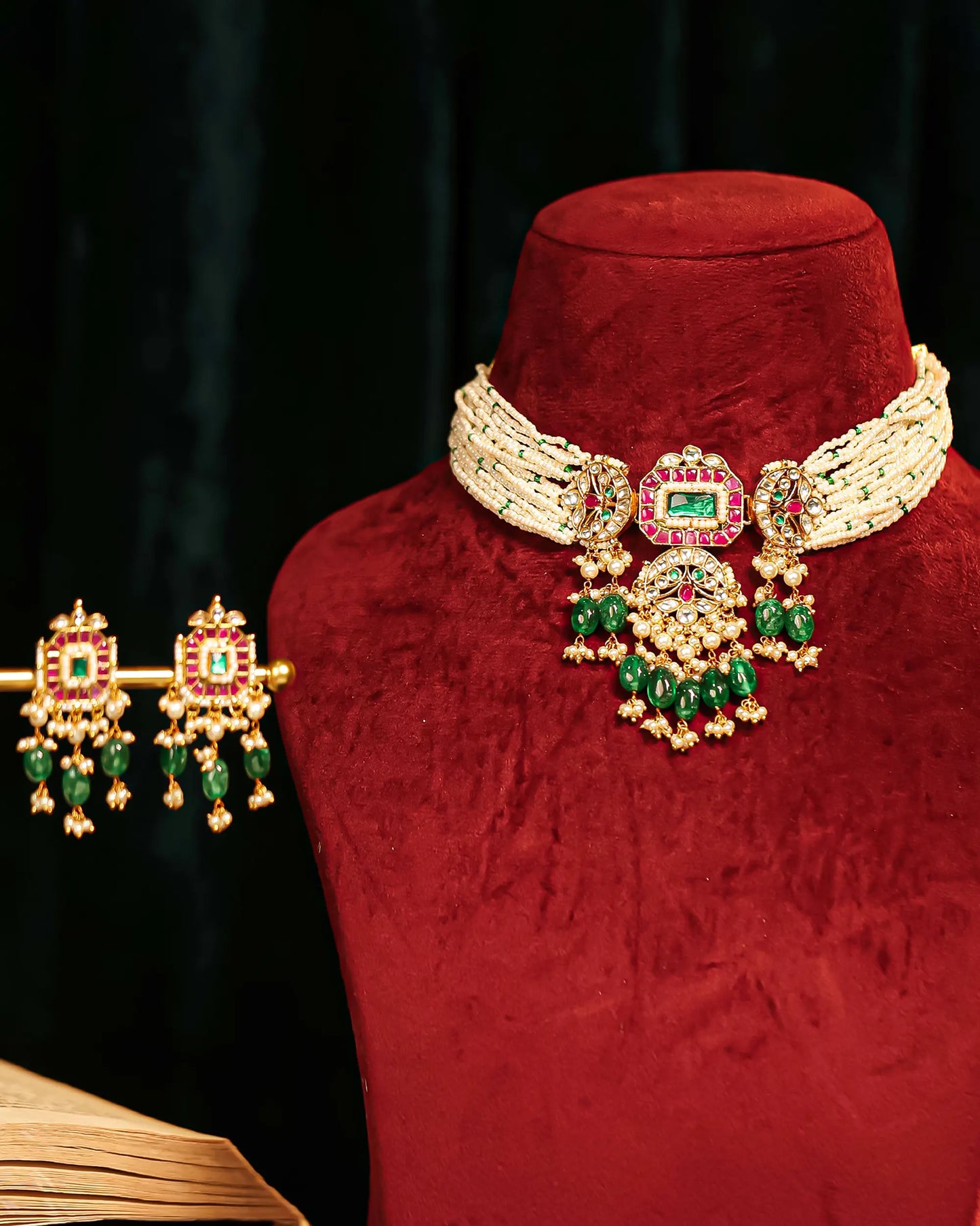 Gold Plated Kundan Choker Set – Green Pink Beaded Bridal Jewelry