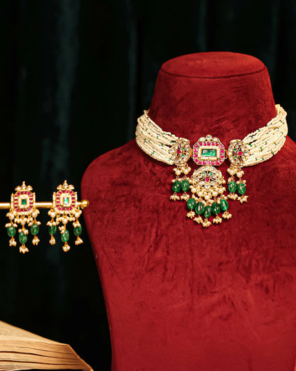 Gold Plated Kundan Choker Set – Green Pink Beaded Bridal Jewelry