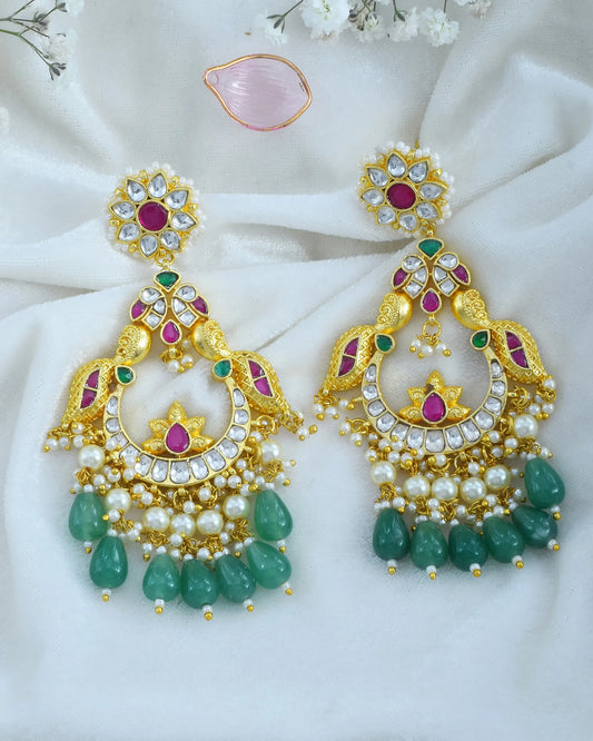 18K Gold Plated Peacock Chandbali Earrings, Kundan Polki, Pearls & Green Beads Jewelry