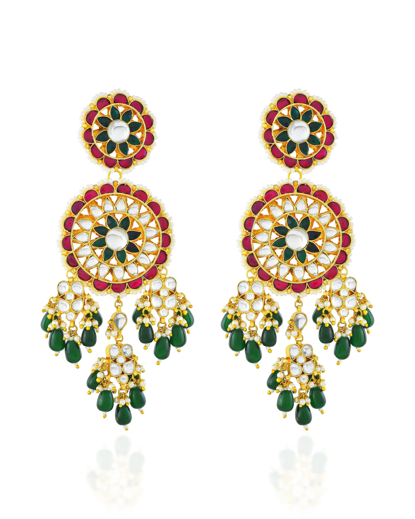 Long Gold-Plated Polki Jadau Earrings, Green Bead Drops Floral Jewelry