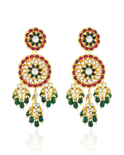 Long Gold-Plated Polki Jadau Earrings, Green Bead Drops Floral Jewelry