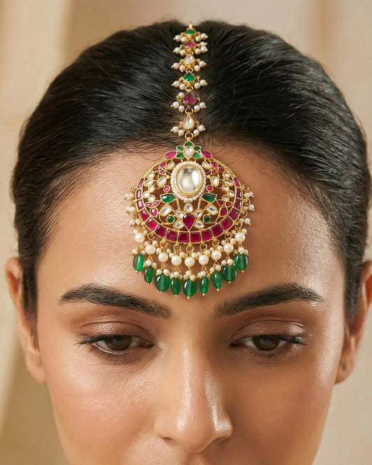 Indian Bridal Maang Tikka Headpiece, Kundan Pearl Forehead Jewelry, Green Bridal Headpiece for Wedding, South Asian Bride Accessory