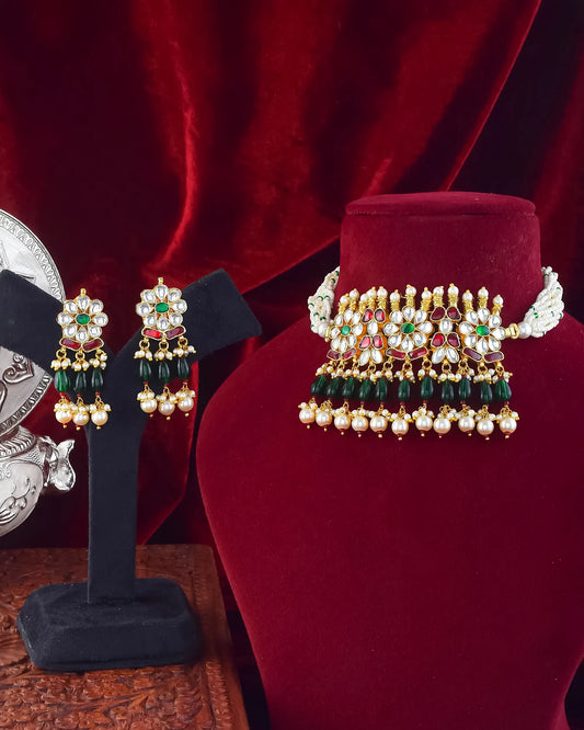 Floral Kundan Choker Necklace Set, Green Pearl Drop Earrings, Indian Jewelry