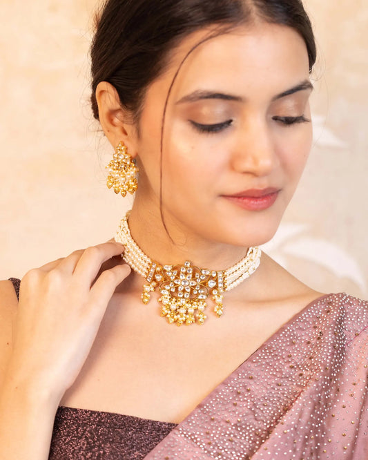 Kundan Pearl Choker Necklace Set, Gold Plated Indian Bridal Jewelry