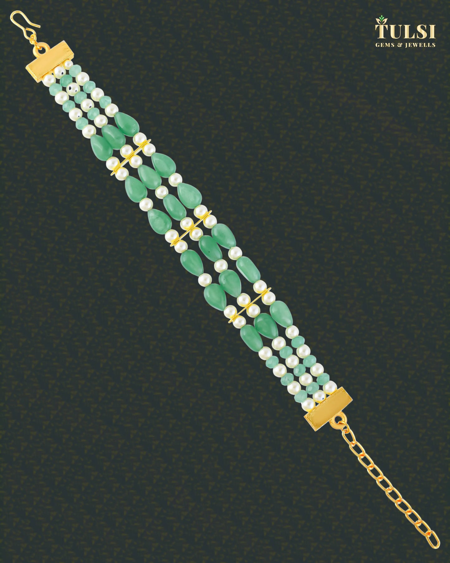 Multi-Layer Pearl Green Beds Bracelet, Gold Tone Handmade Elegant Jewelry Gift for her