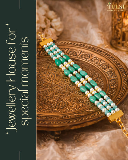 Multi-Layer Pearl Green Beds Bracelet, Gold Tone Handmade Elegant Jewelry Gift for her