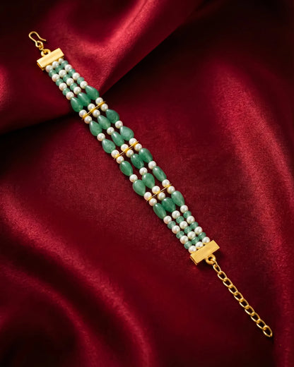 Multi-Layer Pearl Green Beds Bracelet, Gold Tone Handmade Elegant Jewelry Gift for her